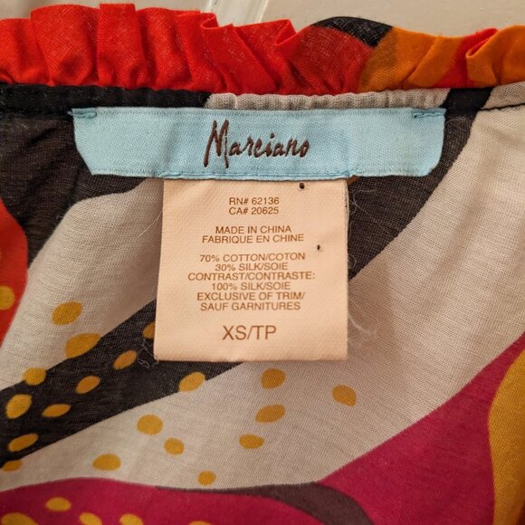 MARCIANO Silk & Cotton Tropical Print Fuchsia Orange.Floral Puff Sleeve Top, XS - Picture 3 of 6